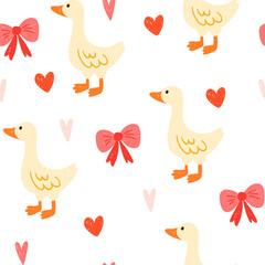 Hand drawn cute goose and bow seamless pattern. Crayon pencil kids drawing style. Adorable cottagecore aesthetic. Cute animal. Naive baby vector wallpaper design for fabric, wrapping paper