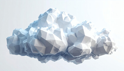 Low-poly fluffy white cloud with faceted polygon edges on a white background showcasing geometric weather design, modern 3D cloud illustration, and minimalist digital art style