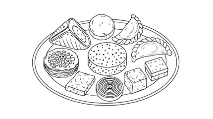 Assortment of savory indian snacks arranged artistically on a round plate hand drawn sketch vector