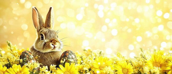 Fototapeta premium Easter Bunny in a Yellow Flower Field