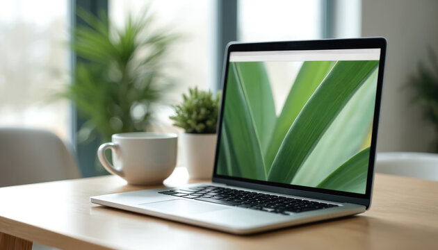Open laptop on wooden table with green leafy background on screen. White coffee cup next to. Potted plants in background. Modern workspace with natural elements. Laptop keyboard visible. Coffee break