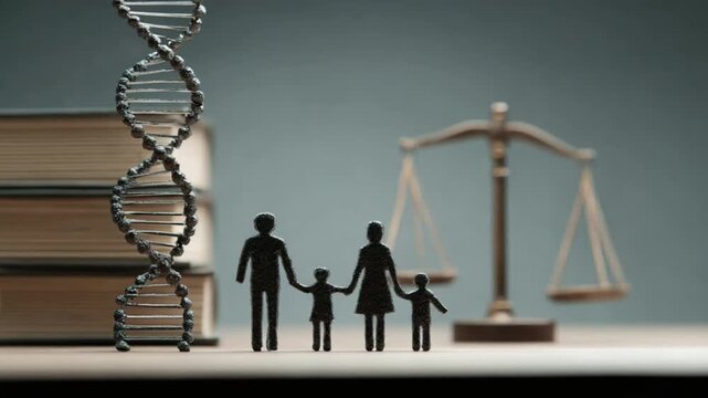 Family in the Balance: A symbolic representation of family and genetics, featuring a DNA strand, a scale of justice, and a family silhouette against a background of books.