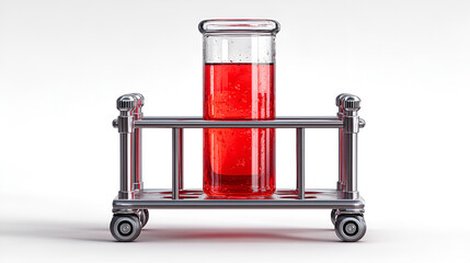 a 3D rendered image featuring two pieces of lab glassware on a small, wheeled metal rack against a pure white background