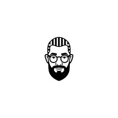 A minimalist illustration of a man's face, featuring a beard, glasses, and striped hair
