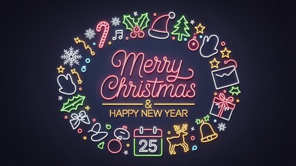 Neon-style Christmas card featuring glowing red cursive greeting, festive icons, and gold accents on a deep blue background