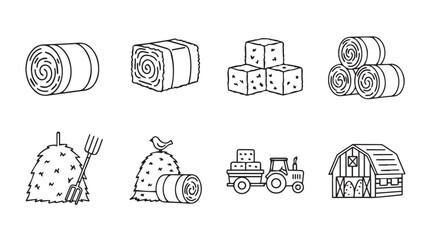 Farm harvest hay bales tractor barn rural agriculture icons set hand drawn sketch style vector