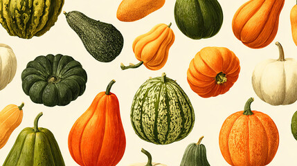 Colorful assortment of various pumpkins and gourds in different shapes and sizes, showcasing vibrant hues and textures, perfect for autumn decoration and seasonal themes