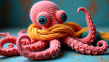 Obraz premium Colorful crocheted octopus with large eyes and vibrant yarn, showcasing intricate details and textures, creating a whimsical and playful atmosphere in a creative setting
