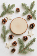 christmas still life. Scandinavian Holiday Product Scene with Pale Wood and Frosted Foliage