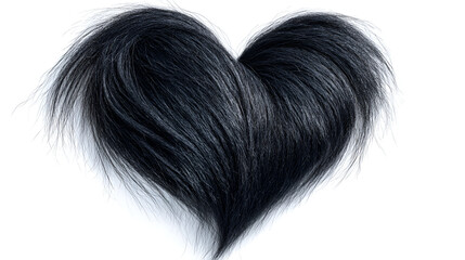 The stark contrast between the black hair and the white background makes the heart shape the clear, dramatic focus
