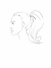 Profile sketch of a woman with a ponytail showcasing unique facial features and hairstyle details