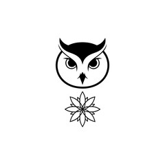 A stark, minimalist illustration an owl's head above a stylized eight-petal flower