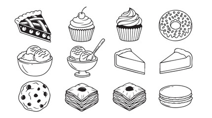 Hand drawn dessert icons collection featuring cakes pizza cookies and pastries artistic food graphics vector