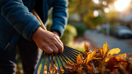 Hands gripping rake handle in foreground colorful leaves gathered into a pile soft focus residential street in warm sunlight fall task human touch home care landscaping theme