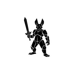 A geometric rabbit-like figure with sword and armor stands ready against a white background