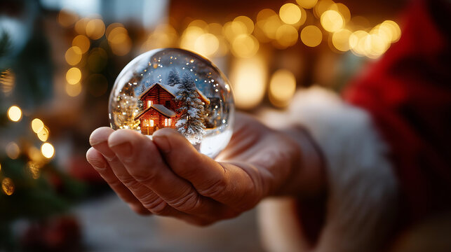 Holiday close up of Santa’s hand holding a snow globe with a snowy forest cabin inside warm lights sparkling in blurred backdrop festive warmth glass sphere pine cabin golden