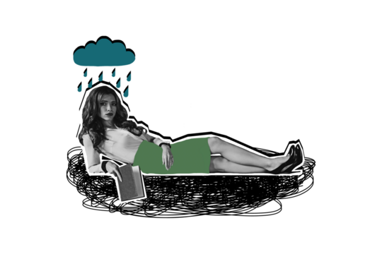 Composite photo collage of offended upset girl lie raindrop storm bad weather autumn forecast melancholy isolated on painted background