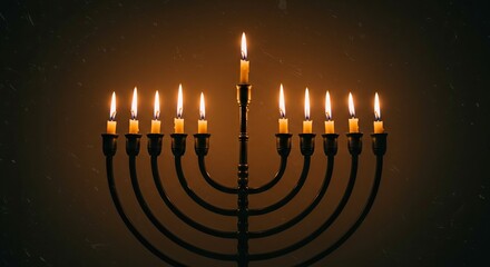 Illuminated Metal Candelabra with Burning Candles on Dark Background