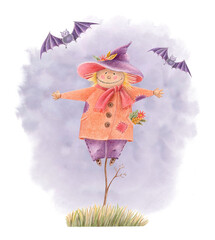 Hand drawn isolated Halloween illustration of cute scarecrow in orange coat and purple hat surrounded by flying bats on misty background. Spooky drawing for holiday invitations, posters and cards.