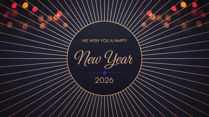 A festive dark blue background with golden radial lines and bokeh lights, featuring "Happy New Year 2026" text in a central circle.