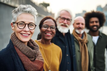 Diverse Group of People Smiling Confidently in a Public Location