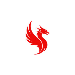Red stylized dragon logo on white background. Dragon is facing right, has wings and a long neck