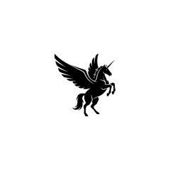 A black silhouette of a unicorn with large wings, rearing up on its hind legs