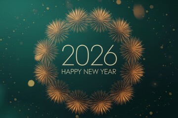 A festive dark teal background with golden fireworks forming a circle around "2026 HAPPY NEW YEAR" text, celebrating the upcoming year.