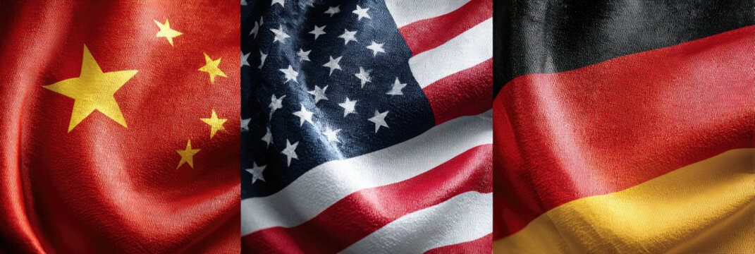 Image showcasing three flags Chinese with stars, American with stripes and stars, and German with tricolors