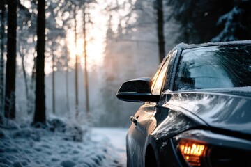Car Covered in Snow Reflecting Serene Winter Forest Mood