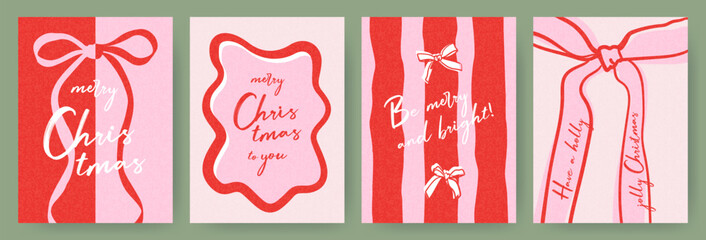 Set of Merry Christmas greeting cards. Trendy retro Christmas design with hand drawn frame, bows, stripes and Christmas wishes with trendy typography. Christmas art banner, poster, cover templates.