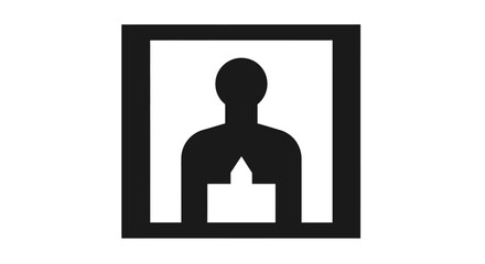 A minimalist, black and white graphic depicting a human silhouette within a frame, possibly representing a person with a heart.