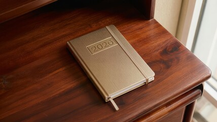 A gold-colored 2020 planner or diary with a bookmark ribbon resting on a polished wooden desk.