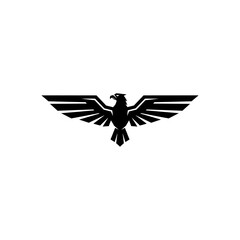 A minimalist black and white logo of a bird with outstretched wings, symmetrical design