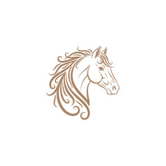 A stylized horse head profile in tan, with flowing mane. The design is on a white background