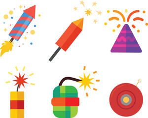 Colorful Fireworks and festive celebration icons, Diwali concept.