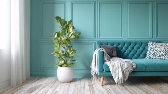 Teal sofa with pillows and blanket near potted plant against wall