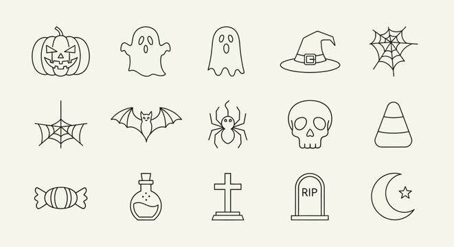 Collection of Halloween-themed line art icons, perfect for spooky holiday designs.