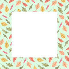 Obraz premium Hand drawn autumn leaf square frame with colorful fall foliage on light background. Botanical illustration border for Thanksgiving invitations, greeting cards, seasonal decor, harvest festival design.