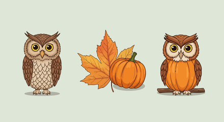 Two cartoon owls flank a pumpkin and maple leaves, all set against a soft green background.