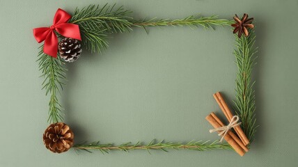 A festive rectangular frame made of pine branches with Christmas decorations like a red bow, pine cones, a star, and cinnamon sticks on a green background.