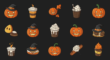 A collection of festive Halloween-themed food and drink illustrations, featuring pumpkins and treats.