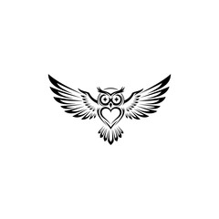 A black owl with open wings on a white background. Heart-shaped chest. Stylized image