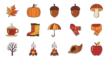 A collection of colorful autumn-themed illustrations featuring seasonal objects and elements.