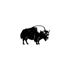 A black silhouette of a bison with large horns, fur, and beard, centered on a white background
