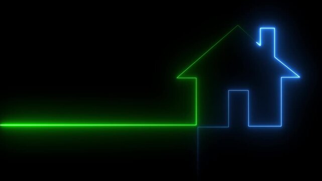 Neon line home icon. Neon line Cool linear animated home icon. House icon glowing neon light on black background.