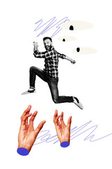 Composite trend artwork image photo collage of eye watch see peek hacker cyberspace young man office manager jump hand gesture catch