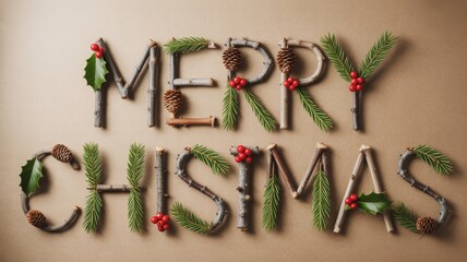 Merry Christmas spelled with natural elements like twigs, pine needles, pinecones, and red berries on a brown background, creating a festive and rustic holiday greeting.
