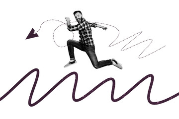 Creative collage picture young man runner achieve goal aim target route path way paper airplane direction indicator move forward