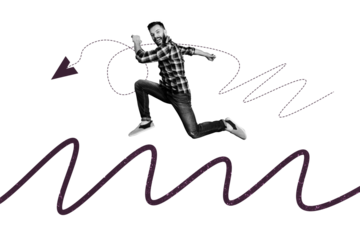 Creative collage picture young man runner achieve goal aim target route path way paper airplane direction indicator move forward